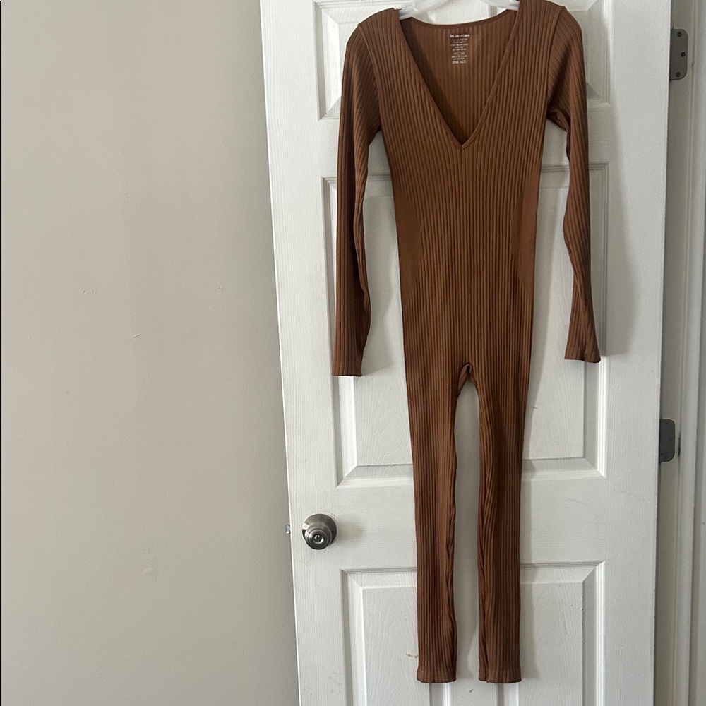 Brown Ribbed Long Sleeve Jumpsuit